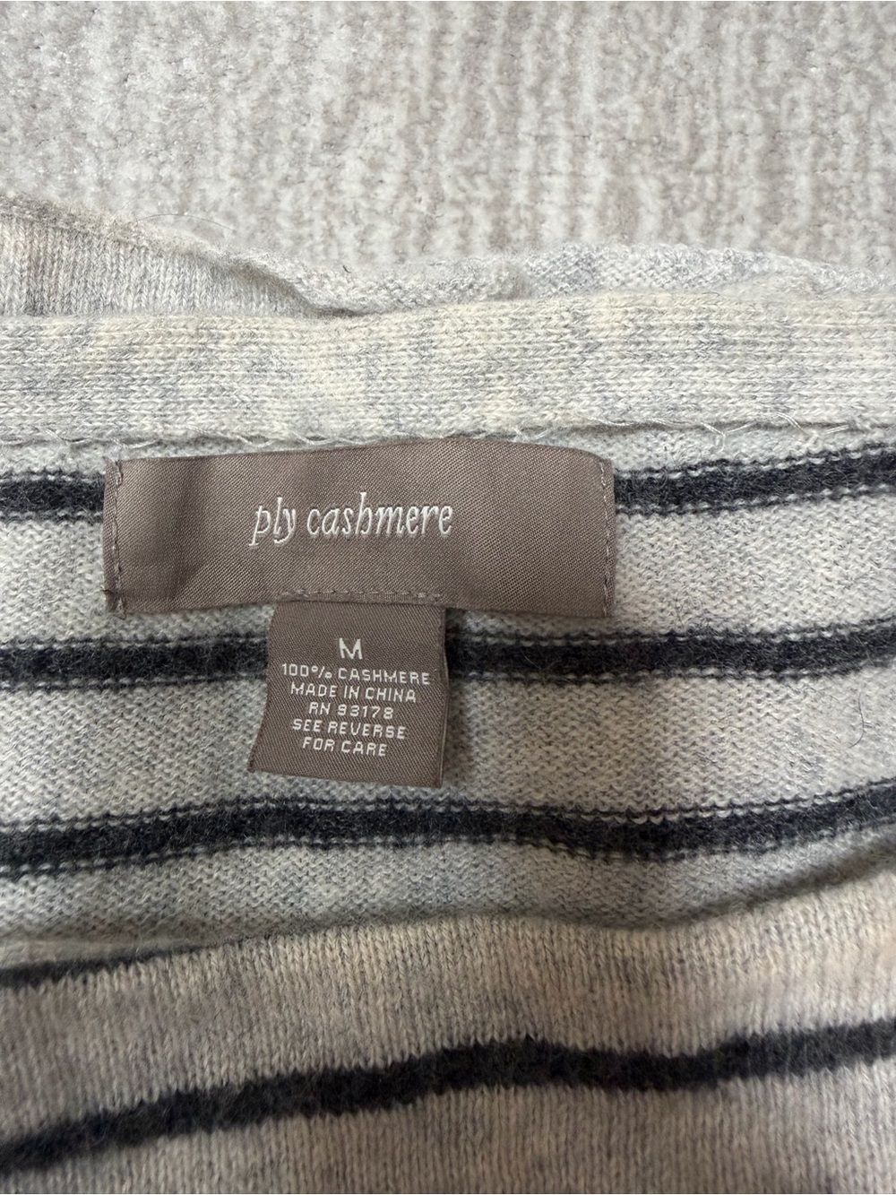 Ply Cashmere 100% Cashmere Navy & Grey Striped Crewneck Sweater - Picture 4 of 4